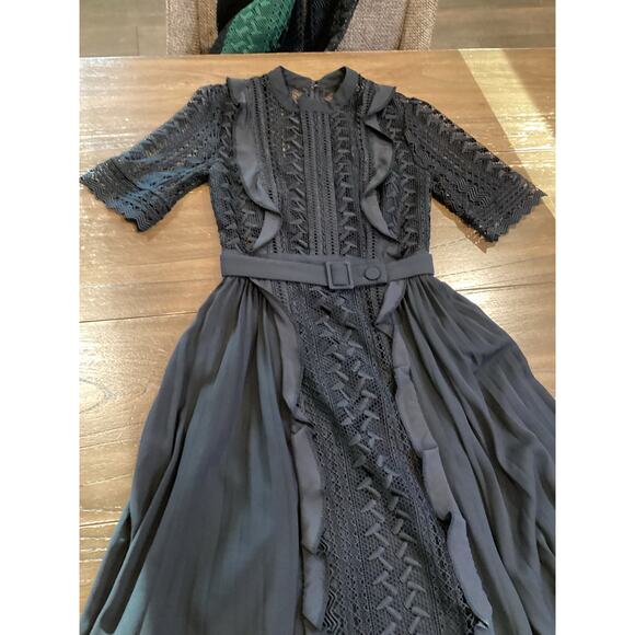 Self Portrait Geometric Black Lace Midi Dress short sleeve ruffle accents 2 - Picture 9 of 12